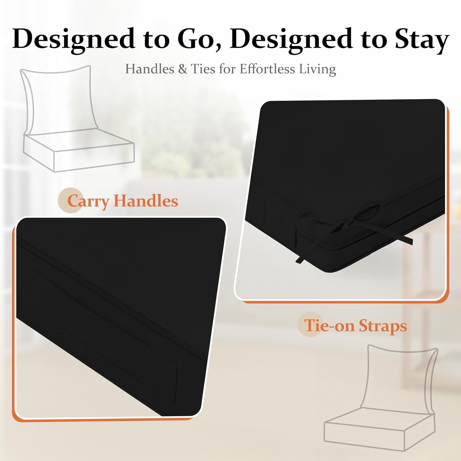 downluxe 24x24 Outdoor Chair Cushions, Waterproof Fade Resistant Patio Furniture Cushions with Handle & Removable Cover, Deep Seat Outdoor Cushions for Sofa, Couch and Patio Chairs, Black