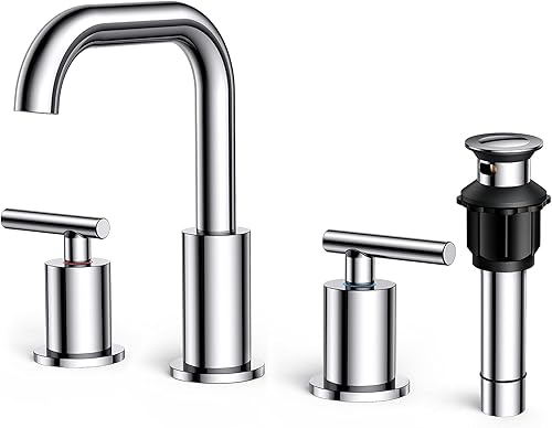 FORIOUS Grifo de baño cromado de 2 manijas con 3 agujeros grifo de baño generalizado de arco de 8 pulgadas de alto con drenaje desplegable y líneas