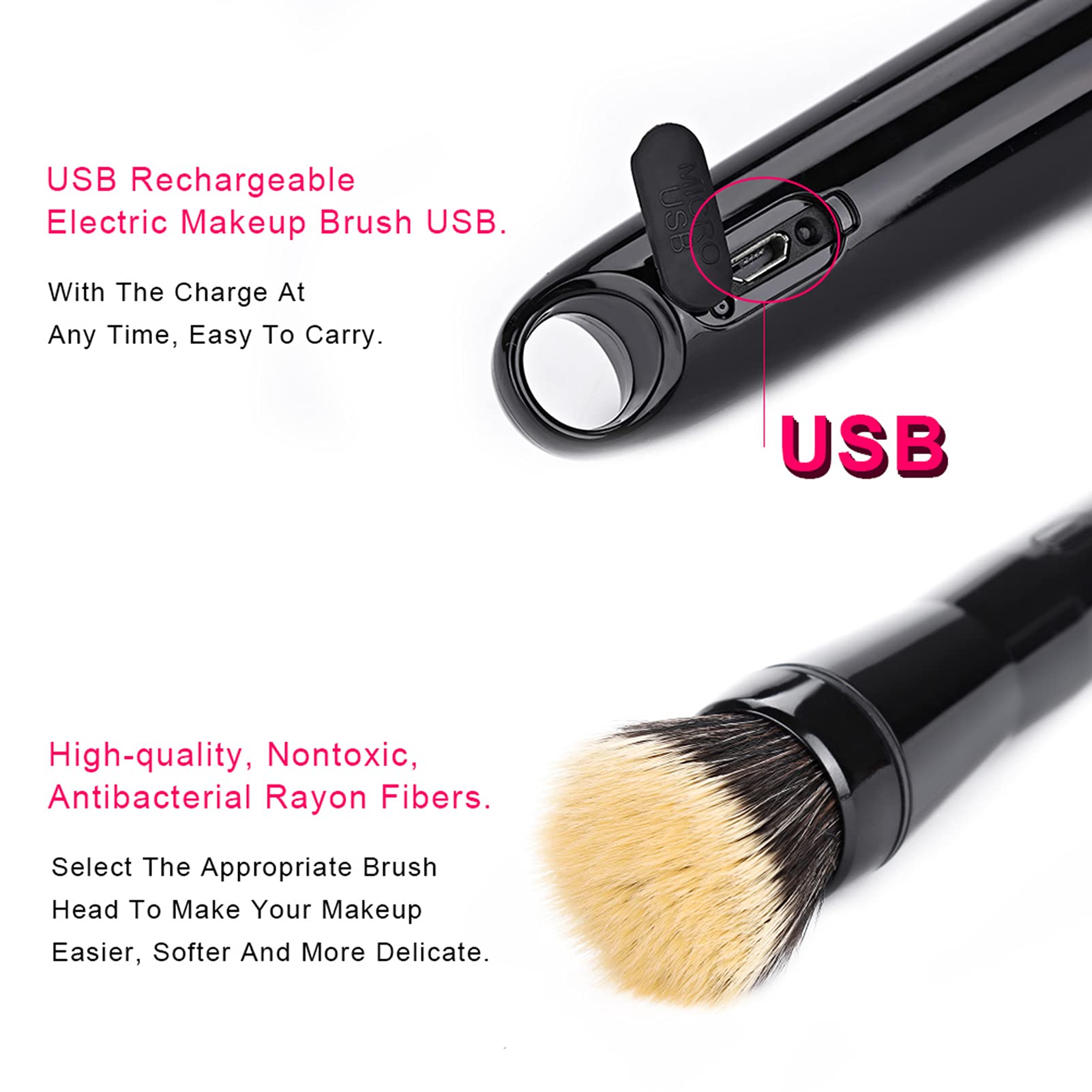 Elektrisches Make-up-Pinsel-Set mit Kabuki Foundation- und Concealer-Pinsel, Automatisch Rotierender Pinsel für Flüssige Foundation und Rouge, 2 Stück Aufsätze für Präzise Anwendung