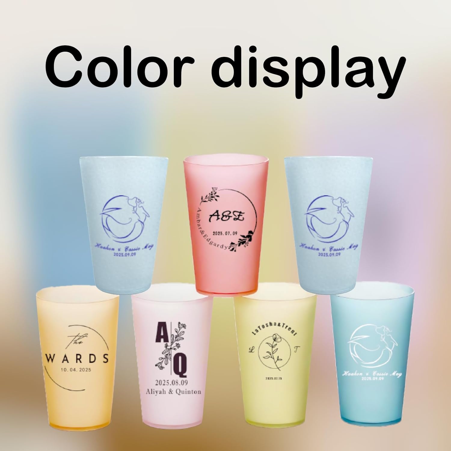 100 Customized Colored Frosted Wedding Cup, 12 Ounce 16 Ounce Personalized Color Shatterproof Cup, Personalized Elegant Letter Design Combinations, Modern Wedding Party Bridal Shower Cups (16oz)