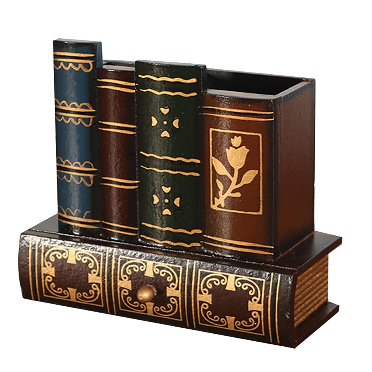 Kisangel Retro Wooden Pen Holder with Drawer Vintage Design Decorative Pencil Holder for Home Office Study Compact Size Desk Organizer