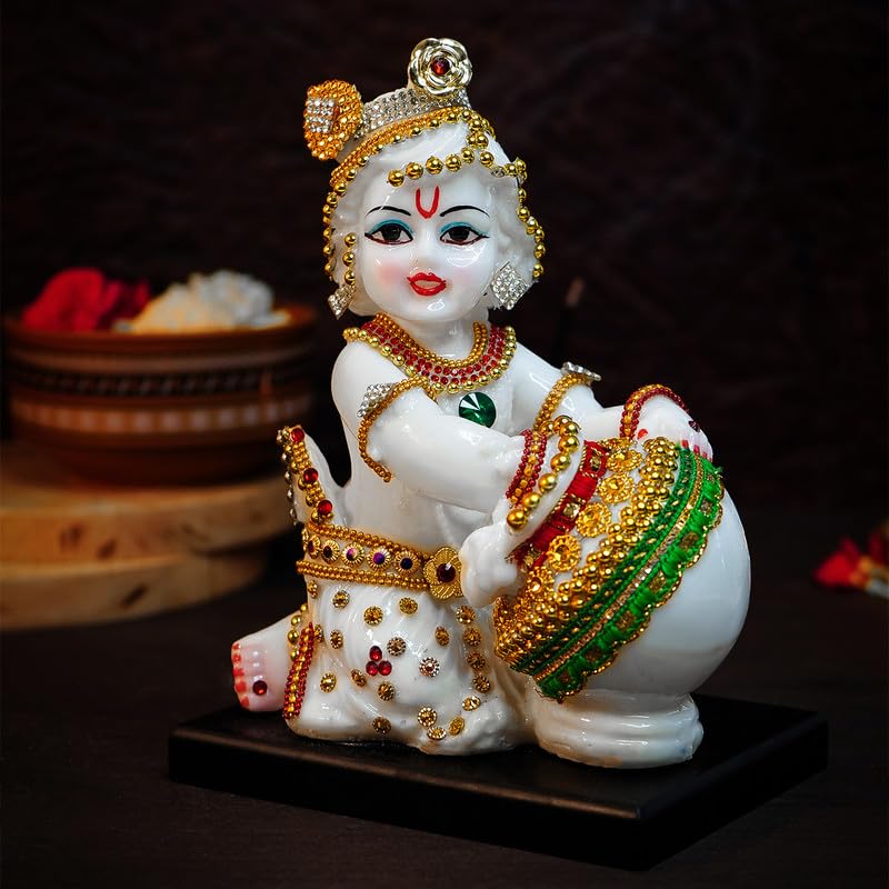 Image of Ekhasa Aura Series Marble Dust Bal Gopal Murti (8 inch, Medium Size) | Gemstone Zircon Studded Laddu Gopal Murti for Pooja | Resin Baby Krishna Idol for Home | Sri Krishna Idols for Gift
