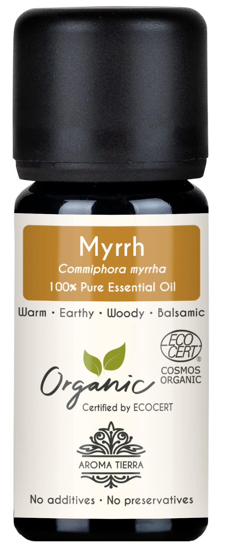 Aroma Tierra Organic Myrrh Essential Oil 10ml - 100% Pure, Natural & Undiluted - Warm, Resinous, Amber-Like - For Aromatherapy, Diffuser, Perfumery, Relaxation, Skin & Wellness