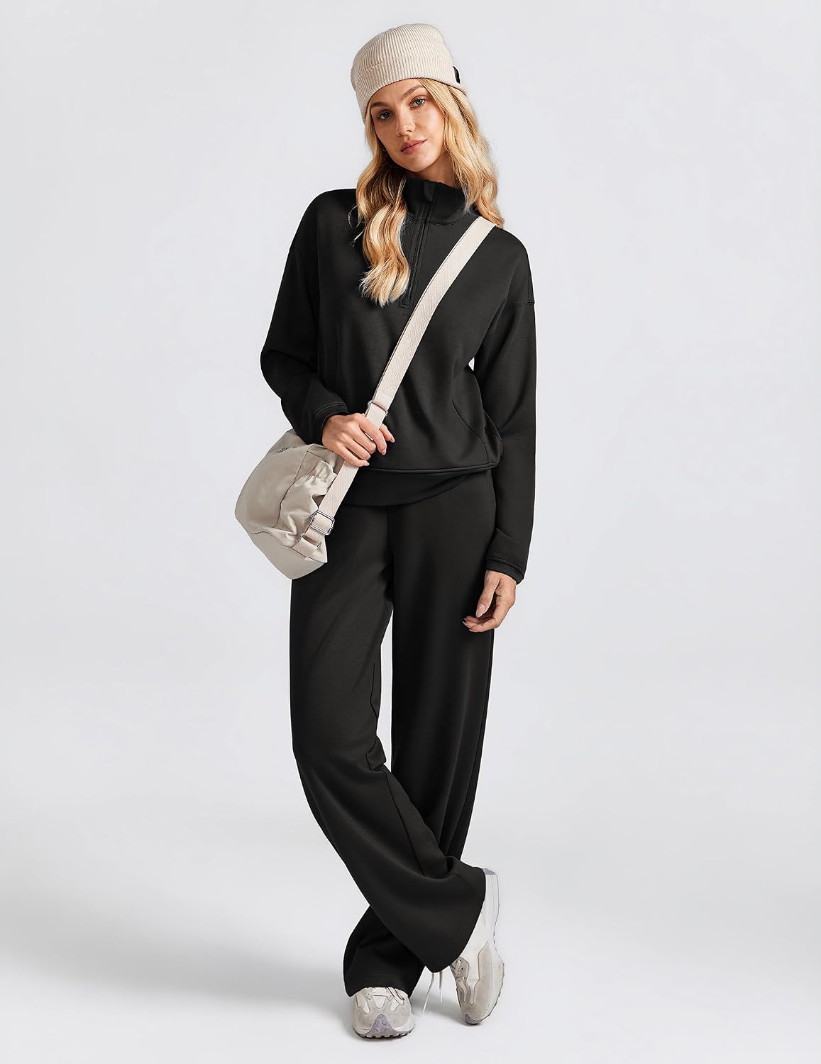 PINSPARK 2 Piece Lounge Sets for Women Half Zip Sweatsuit, Black M