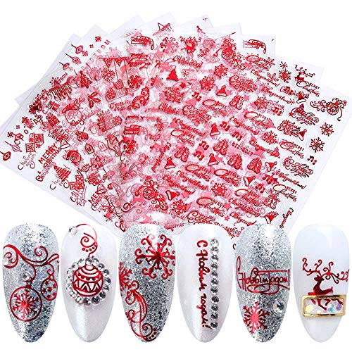 Christmas 3D Nail Art Stickers Decals Red Self-adhesive Nail Foil Art Supplies 8 Sheets Santa Snow Christmas Tree Gift Greetings Patterns Nail Accessories Decorations for Acrylic Nails Design