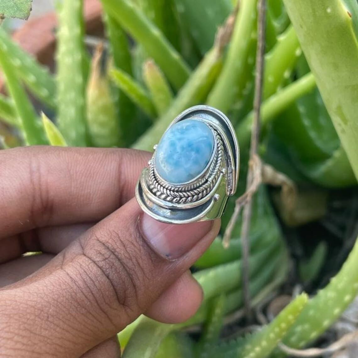 Natural Dominican Larimar Ring, 925 Sterling Silver Plated, Silver Field, Cabochon Stone, Wedding Gifts, Engagement, Statement, Blue Larimar Gemstone,