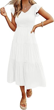 MEROKEETY Womens Summer 2026 Flutter Sleeve Smocked Casual Midi Dress