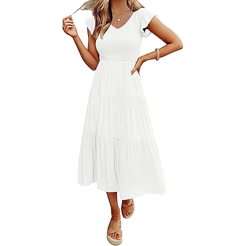 MEROKEETY Women's Flutter Sleeve Smocked Midi Dress V Neck Casual Tiered Dresses with Pockets