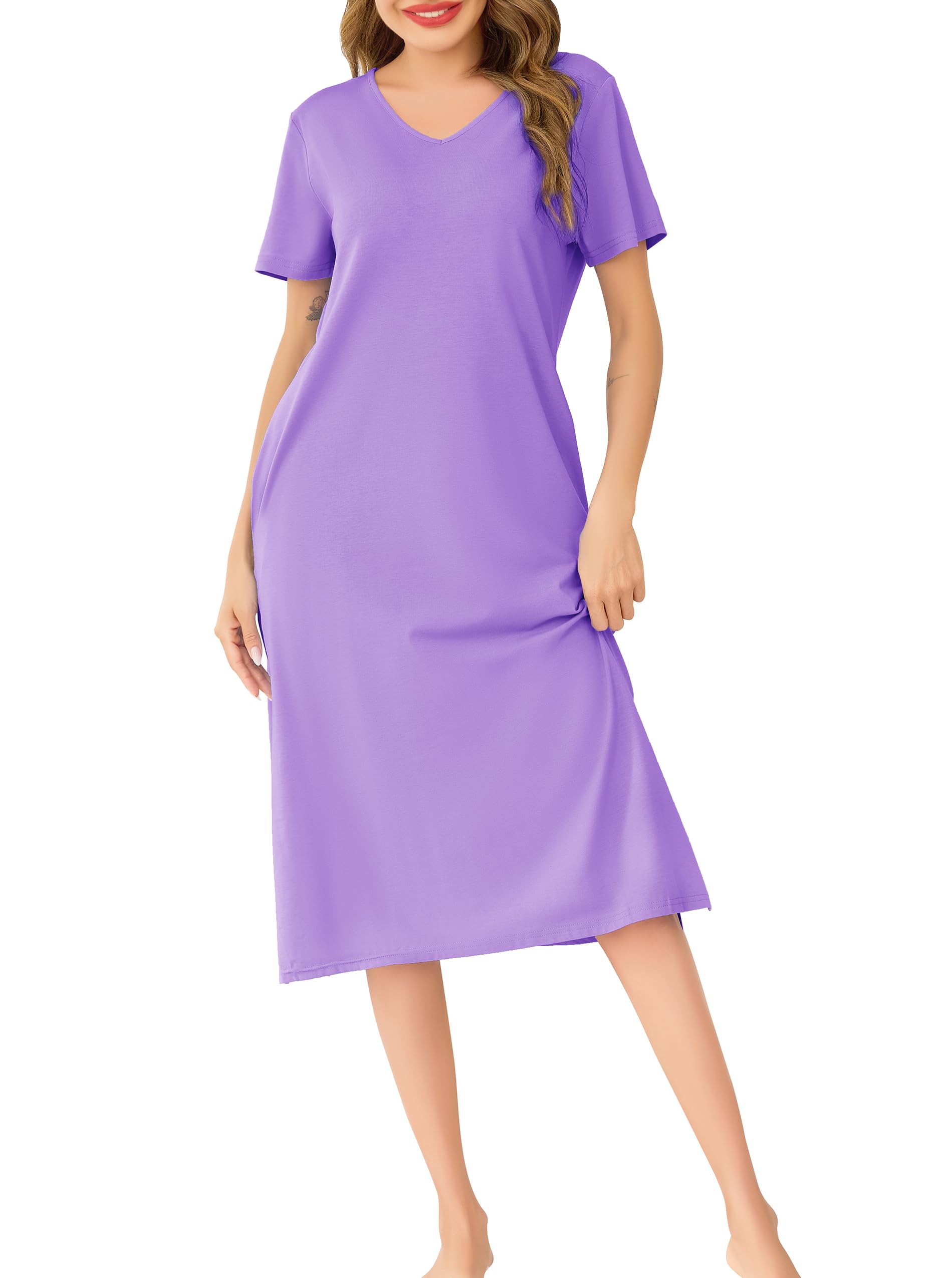 Wikoan Damen Nachthemd Kurzarm Baumwolle Nachthemden Lang Schlafshirt Sommer Sleepshirt Kurzarm Nachtwäsche Nachtkleid mit Taschen S-XXL