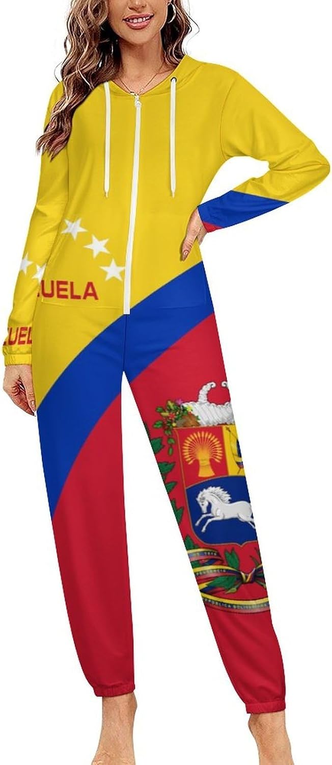 Venezuela Flag Adult Pajamas Onesie with Hood Pocket Jumpsuits One Piece Sleepwear