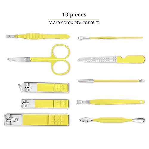 Miniatura 2 de Juego de manicura, mini cortaúñas de viaje, kit de herramientas de cuidado de pedicura, 10 piezas de acero inoxidable kit de aseo (amarillo)