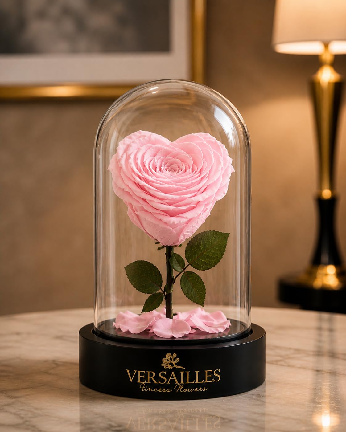 Versailles Preserved Heart Rose in Glass Dome | Eternal Pink Rose on Black Base | Romantic Infinity Flower Décor | Valentine’s Day, Anniversary-image-0
