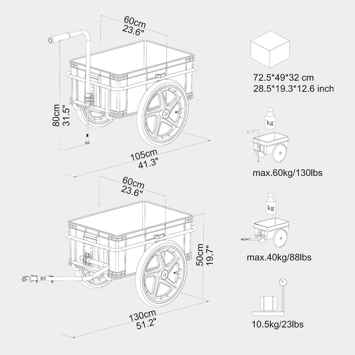 Tiggo VS Plus Fahrrad Lastenanhänger & Handwagen mit 70 Liter Transportbox Fahrradanhänger Transportanhänger 20317