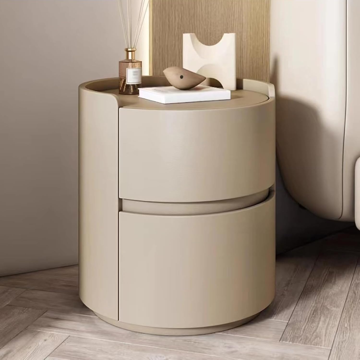 SXZenSpace Solid Wood Round Bedside Table with 2 Drawers – Lightweight Luxury Nightstand for Bedroom 40cm / 45cm Stylish End Modern Furniture Home Decor