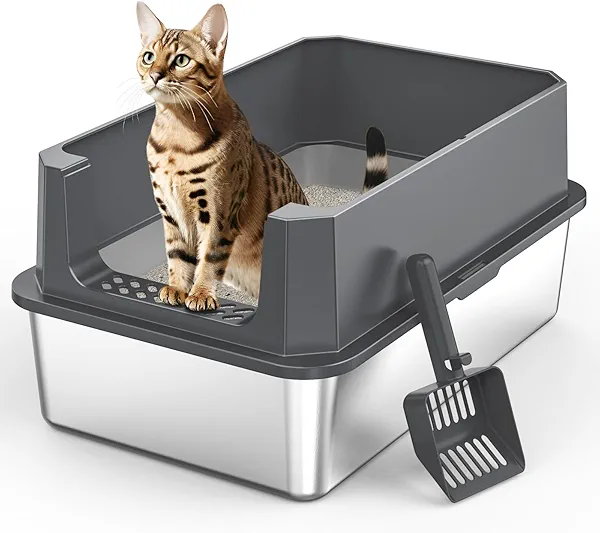 Stainless Steel Litter Box, Extra Large Litter Boxes for Big Cats, XLarge Metal Cat Litter Box with Lid, Anti-Urine Leakage XL Box with High Sides, Easy Clean, Non-Sticky, Scoop Included