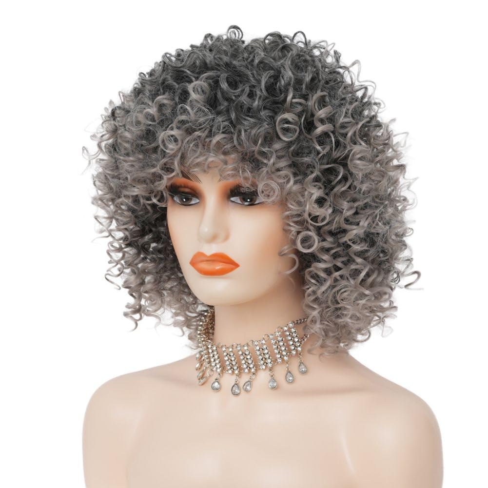 Siudus Grey Short Curly Wig for Black Women 70s 80s Afro Synthetic Kinky Curly Wig with Dark Roots for Daily Party Use - Image 4