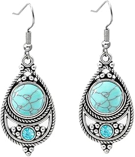 Boho Handmade Vintage Turquoise Earrings for Women Dangling Silver Bohemian Colorful Inlaid Stones Geometric Engraved Flower Pattern Round Long Tassel Drop Earrings Western Jewelry Gifts