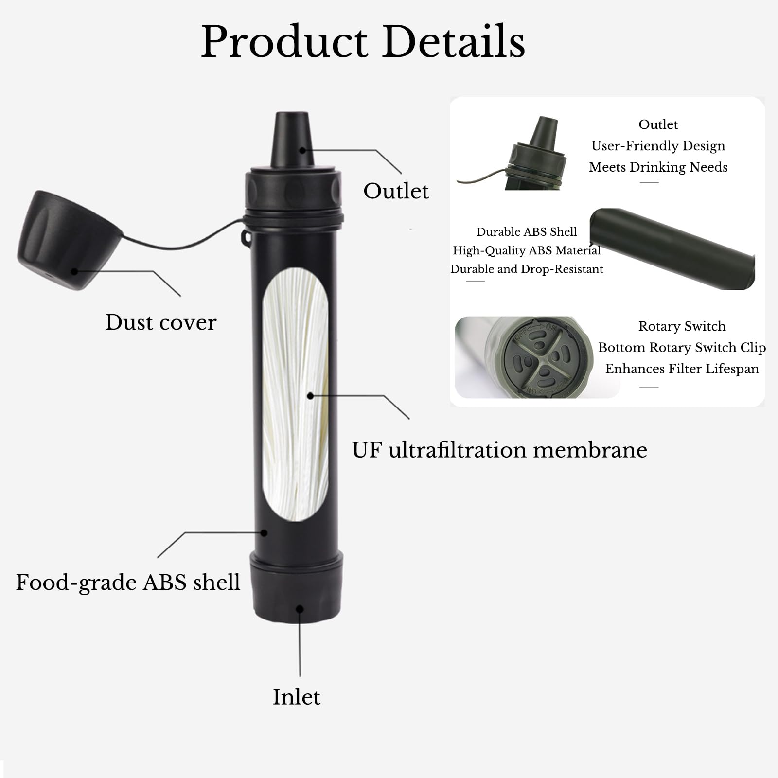 Lot de 4 pailles filtrantes à eau de survie pour randonnée et camping, purificateur d'eau personnel portable 2025, longue durée de vie de 3 000 L, comprend une bouteille et des adaptateurs de poche