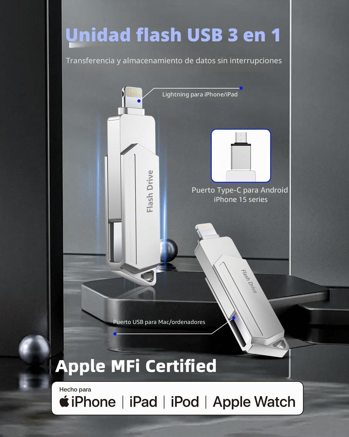 Pendrive para iPhone 256GB MFi Certified 3 en 1 Memoria USB 3.0 Lightning Memoria Externa Tipo C para iPhone/iPad/iOS/Android/Mac/PC - pendrive movil (Plata)