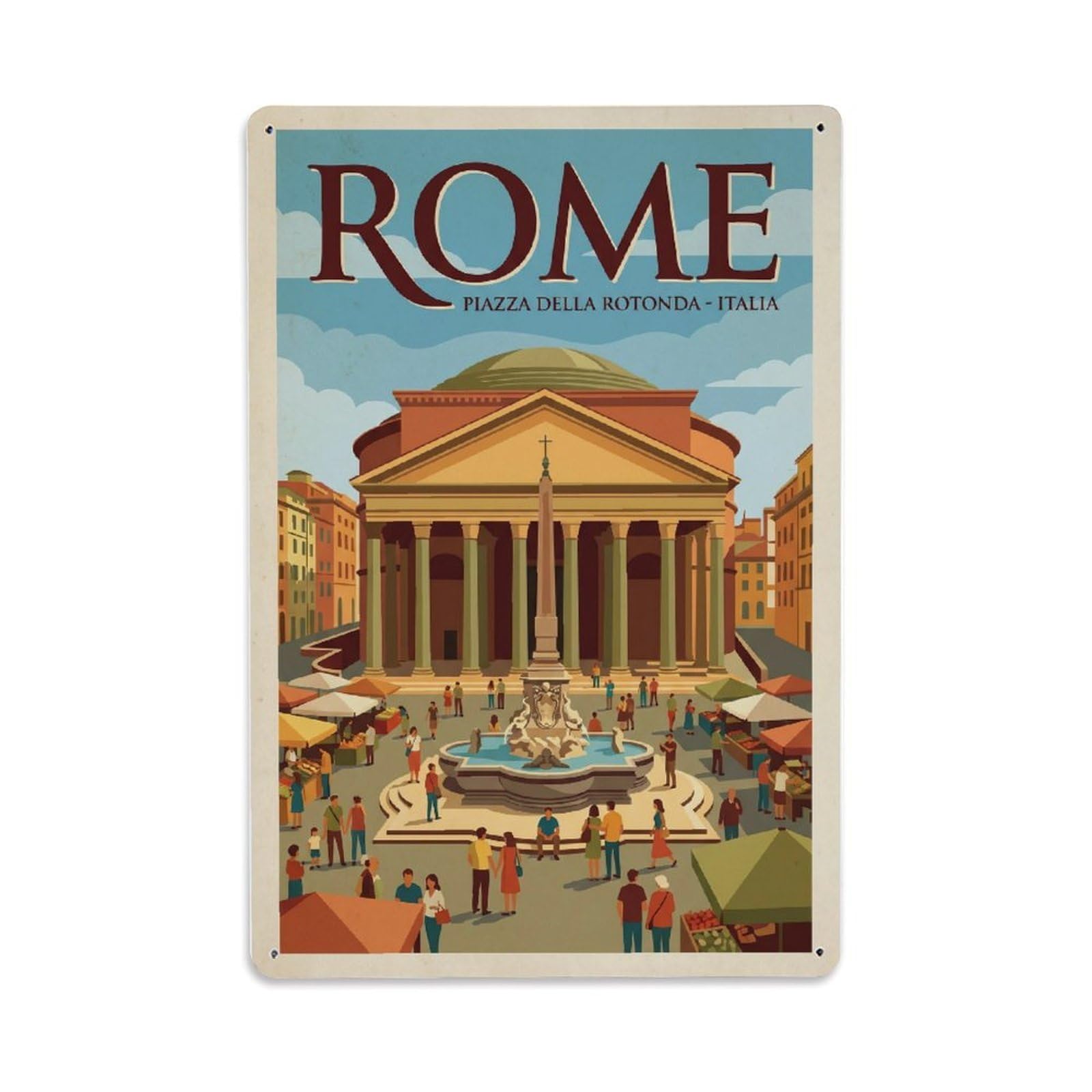 Vintage Travel Rome Piazza Della Rotonda Pantheon Square Fountain Italy Metal Tin Sign Plaque Wall Decor for Cafe, Club Bar, Office, Home Garden Metal Poster 8x12Inch