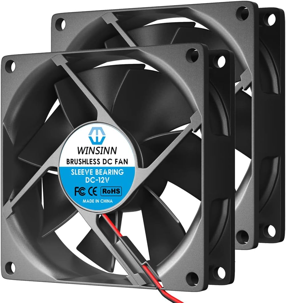 WINSINN 80mm Fan 12V Brushless 8025 80x25mm for Cooling PC Computer Case CPU Set-top Box Router Receiver DVR Playstation Xbox - 2Pin - High Speed (Pack of 2Pcs)