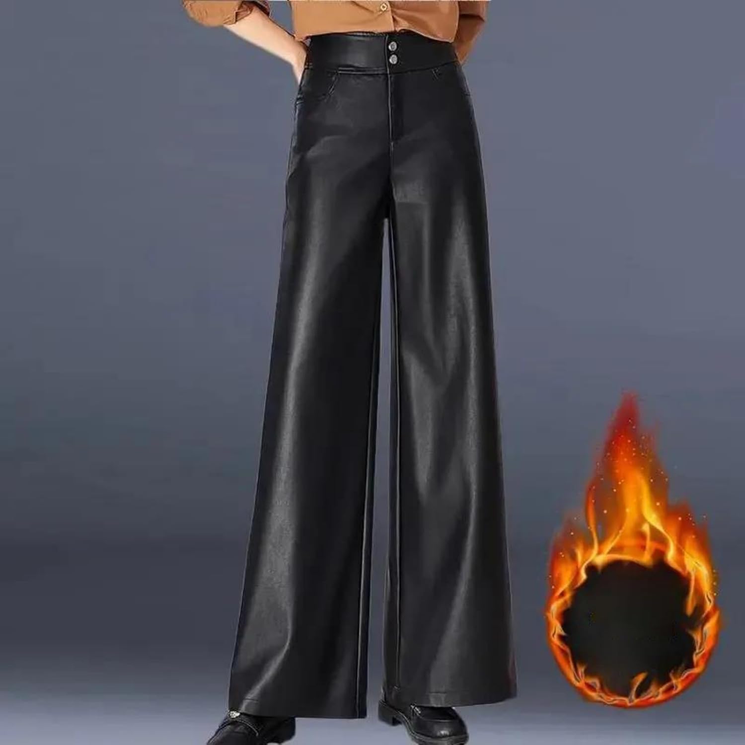 Women's High Waist Pu Leather Pants – Thickened Wide Leg Loose Fit Long Trousers Fall Winter Fashion Casual Bottoms