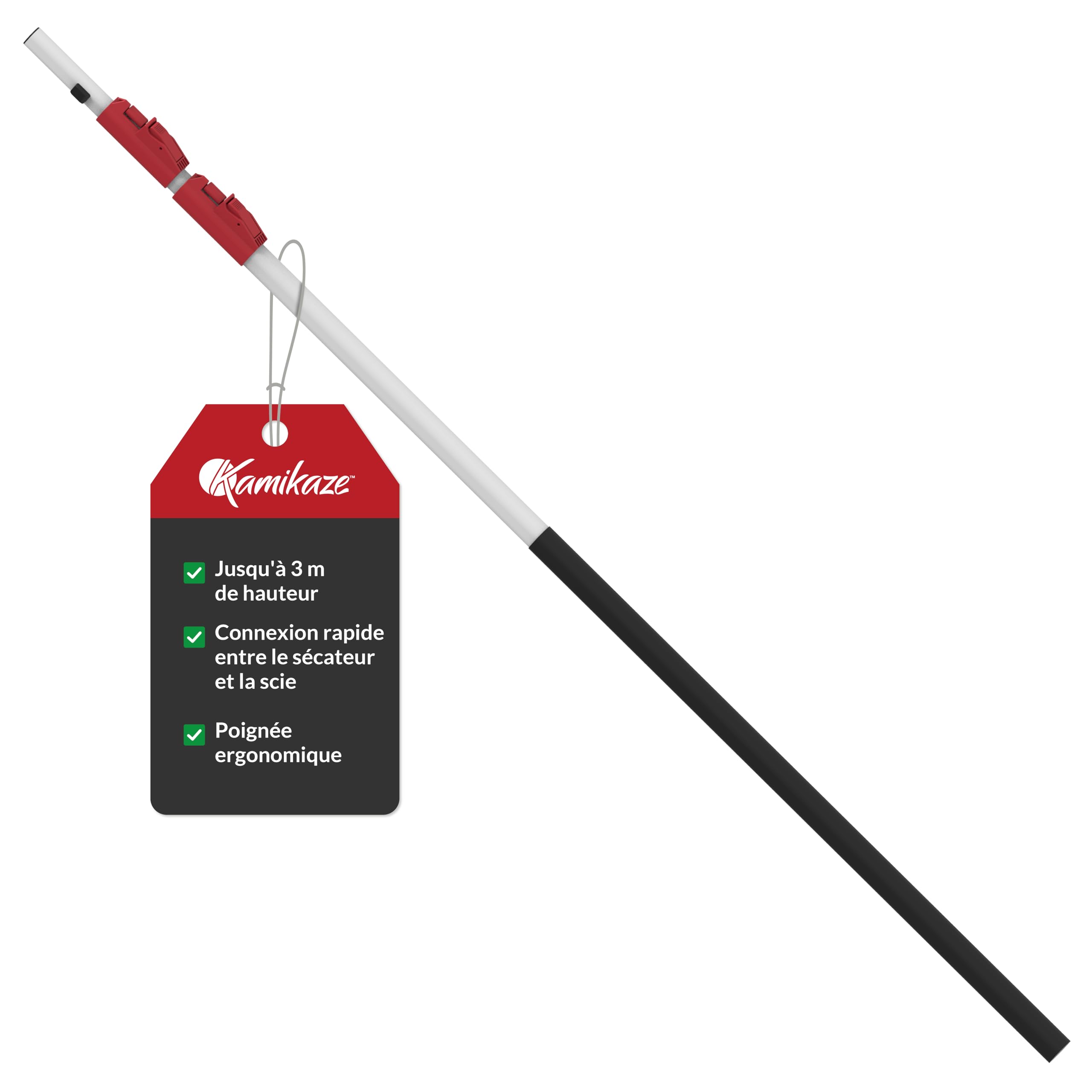 KAMIKAZE Perche multi-outils télescopique de 1,5 m en aluminium anodisé Poignées en polypropylène rouge compatible avec scies MT330-BH Turbo, MT360-BH Turbo et ciseaux MT-63