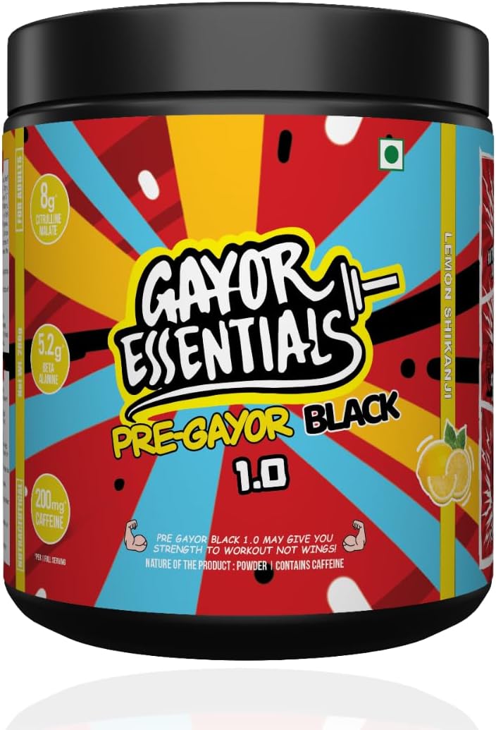 Gayor Essentials Pre Gayor Black 1.0 Pre Workout Powder | Pre Exercise Supplement for Men & Women | Energy, Focus & Endurance | Citrulline, Beta Alanine, Caffeine, L-Theanine (Lemon Shikanji,286g)