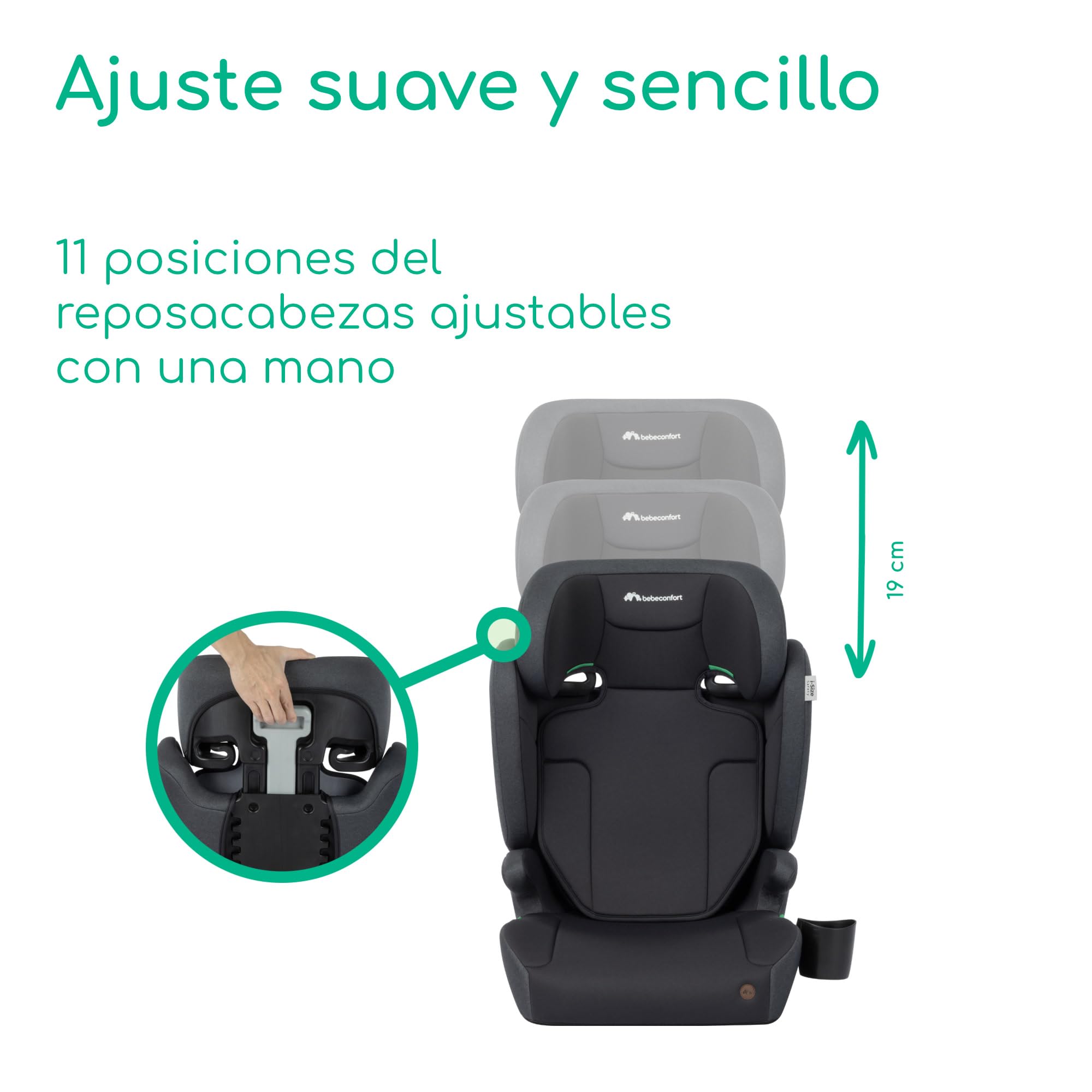 Bebeconfort Ride 2-in-1 i-Safe, Asiento Elevador con respaldo para coche,3,5–12 años (100–150 cm),Elevador con cinturón, Respaldo Desmontable, 3,4 kg,11 Posiciones Reposacabezas,Portavasos, Full Black