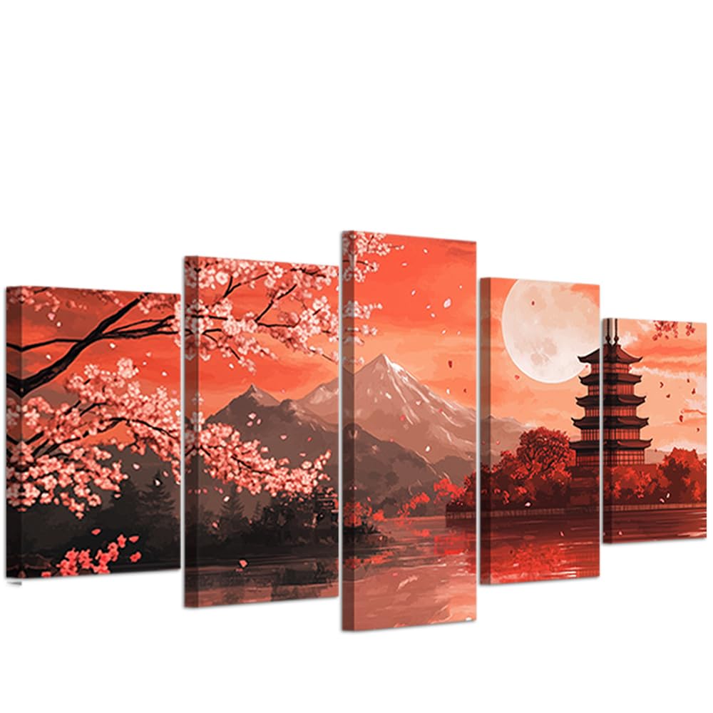 CXHOSTENT Japanese Wall Art 5 Pieces Cherry Blossoms Pictures Japanese Landscape Poster Japan Canvas Art Living Room Decor Framed (20x35cmx2 20x45cmx2 20x55cmx1)