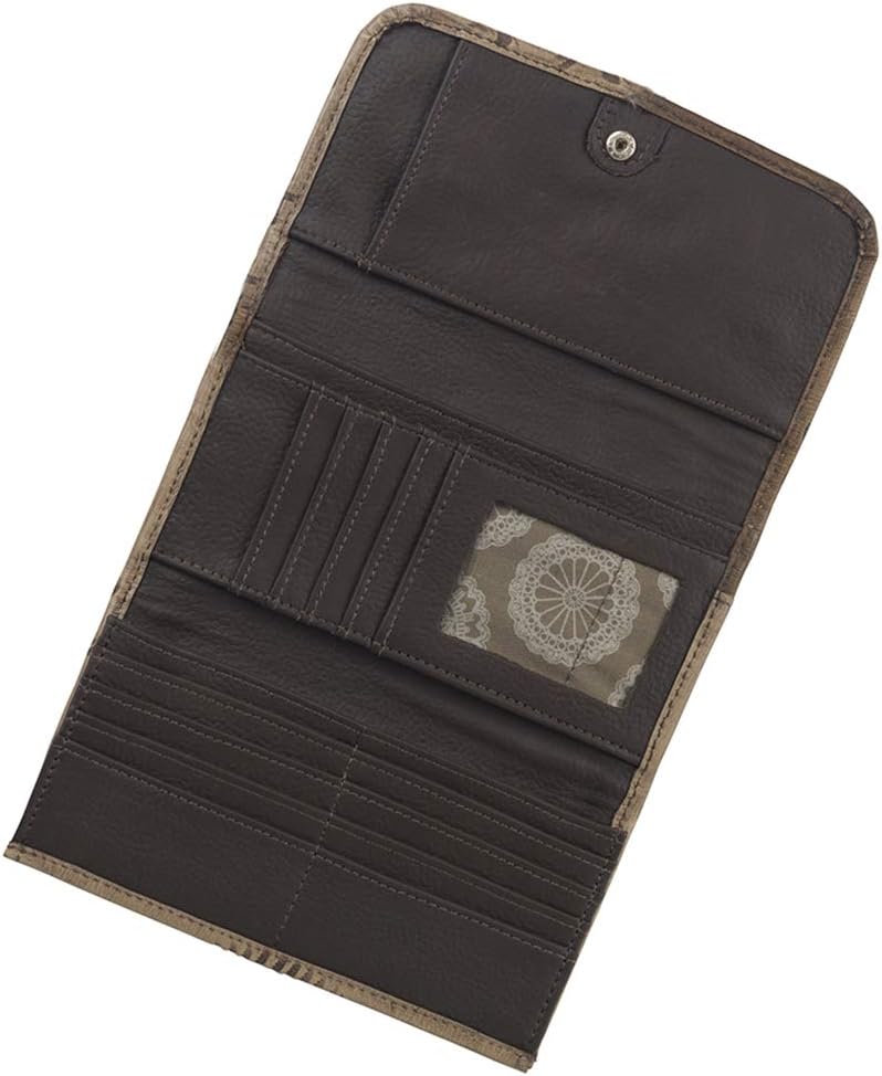 American West Hand Tooled Handcrafted 100% Genuine Leather Tri-Fold Wallet for Women Credit Card Slots Cash Pocket and Clear ID Holder Western (Sand)