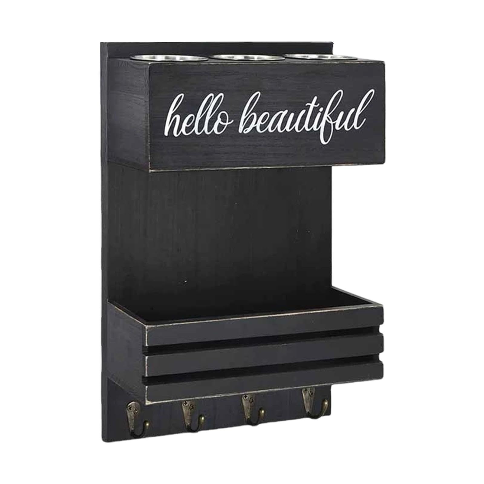 MERIGLARE Wandregal Aus Holz, Ideal für Haartrockner, Haarstyling Geräte Und Mehr – Landhausstil, 2 Stöckig, Dekorativ, Zur Wandmontage, Badezimmerregal, Schwarz