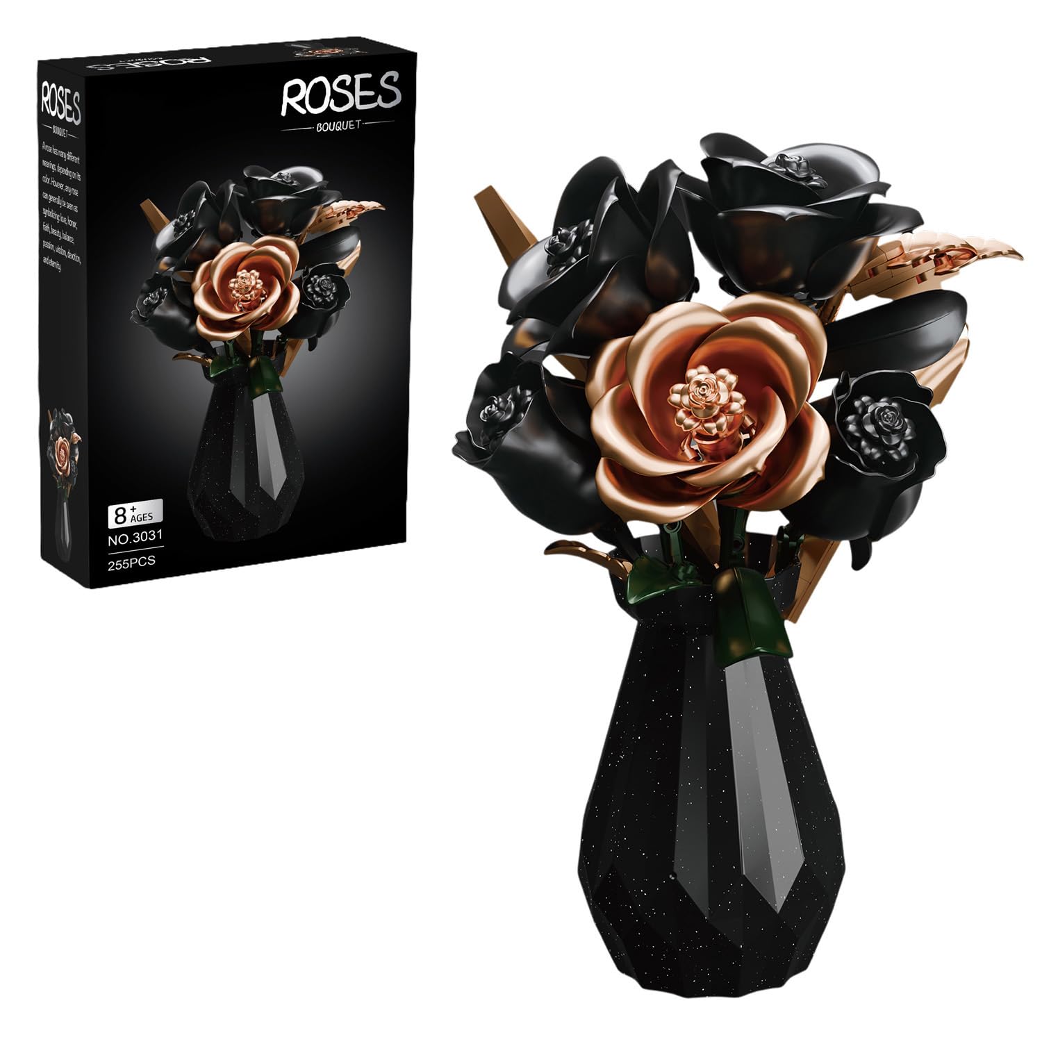 255 Pcs Black Golden Rose Building Block Set with Sparkling Vase for Aldult