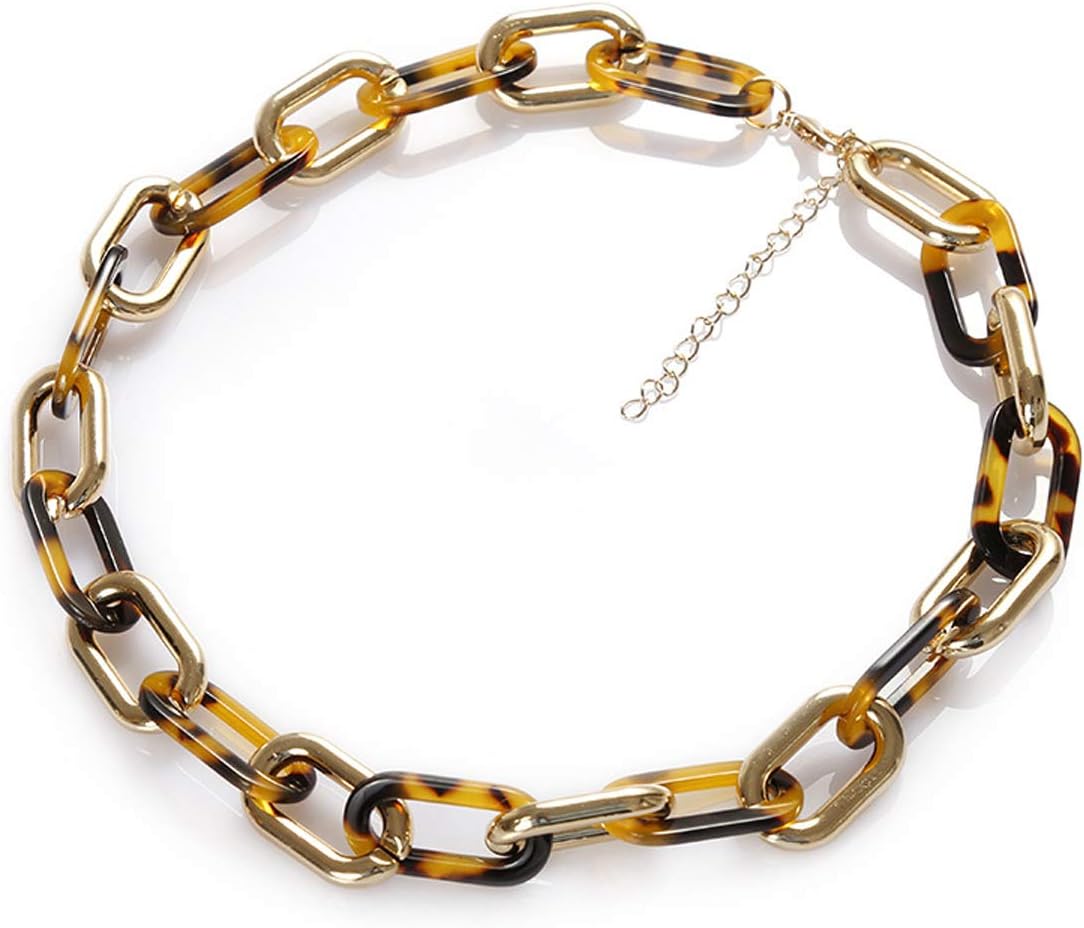 HUNO Bohemian Tortoise shell Acrylic Resin Chain Link Leopard Print Pendant Necklace Metal Punk Chunky Statement Collar Necklace