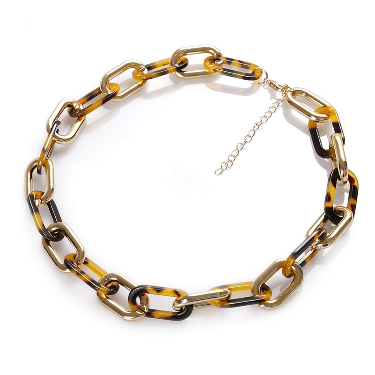 HUNO Bohemian Tortoise shell Acrylic Resin Chain Link Leopard Print Pendant  Necklace Metal Punk Chunky Statement Collar Necklace