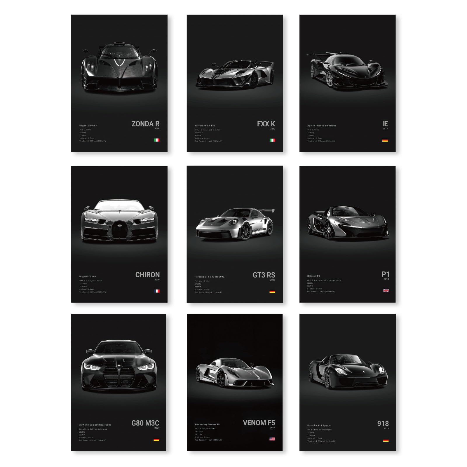 9 PCS Super Sports Car Wall Posters, Premium Cool Wall Decor Art Print Set for Living Room Office Garage Man Cave Home Decor, Car Lovers Gift (Black)