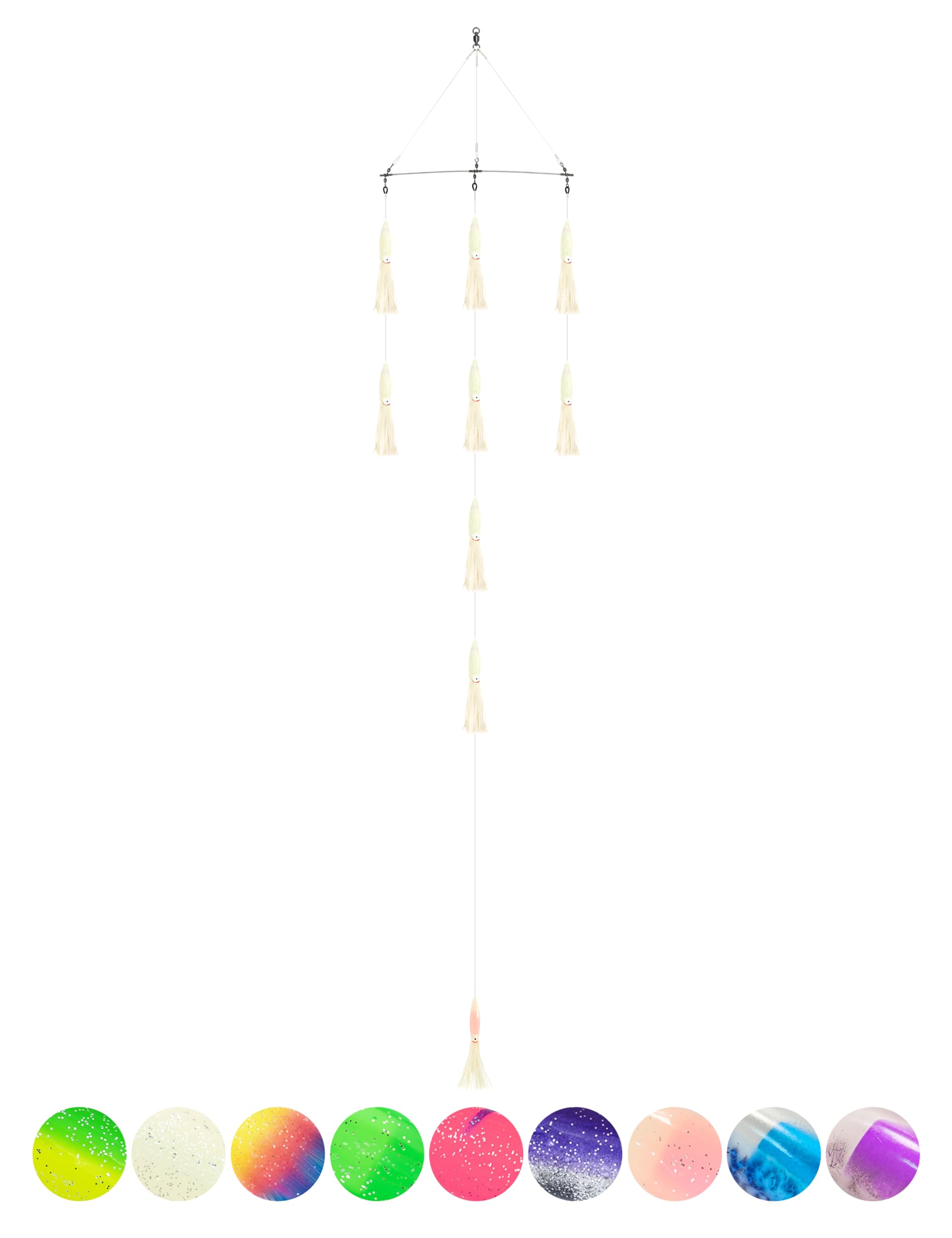 BLUEWING 18" Upgraded Fishing Spreader Bar Formation with 9" Floating Squids and 316 Stainless Steel Rod Offshore Spreader Bar for Wahoo Tuna Marlin Mahi Mahi, Luminous