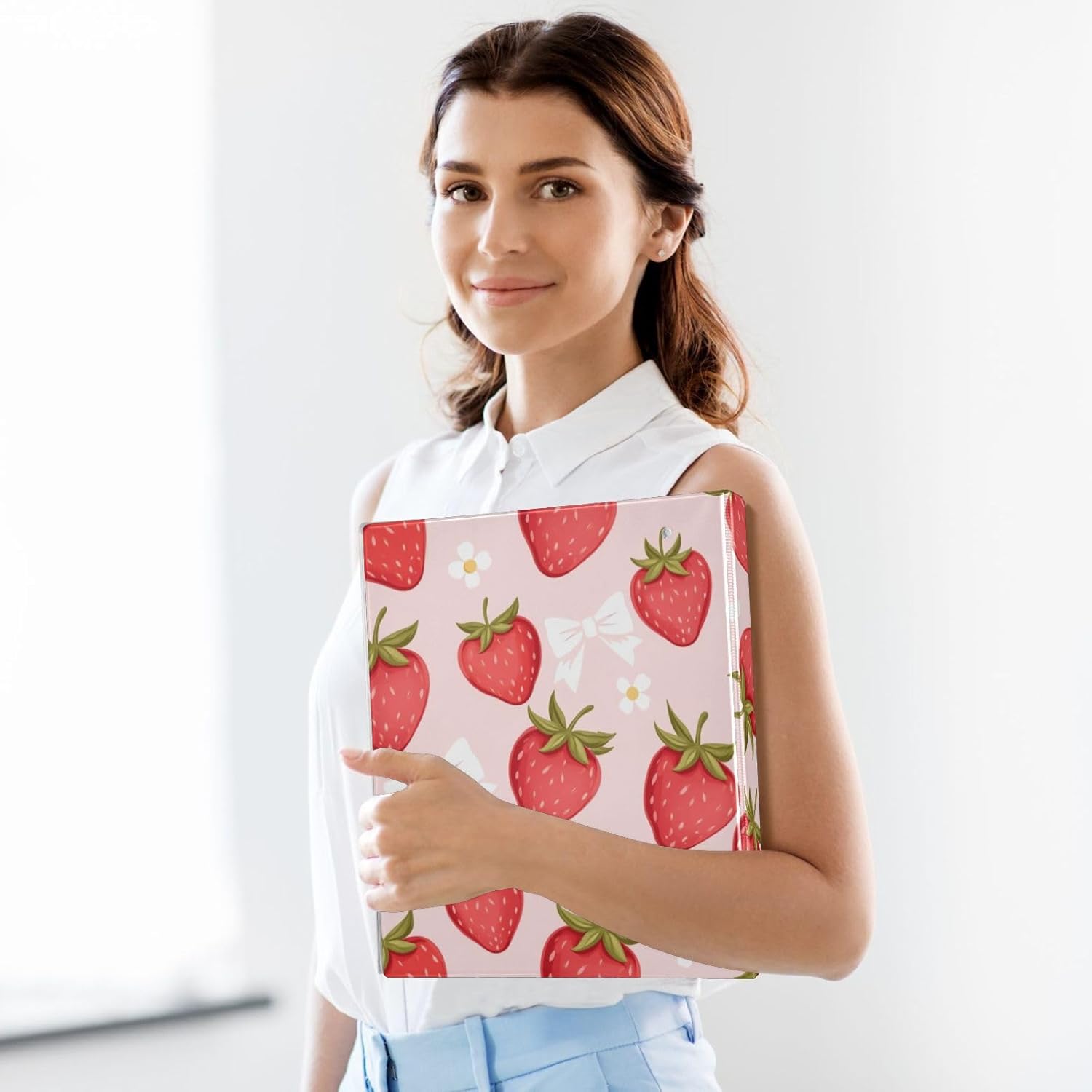 3 Ring Binder 1.5 Inch Binders Strawberry Flower Bow Binder Organizer Fashion View Binder with 2 Pockets for Home Office Supplies