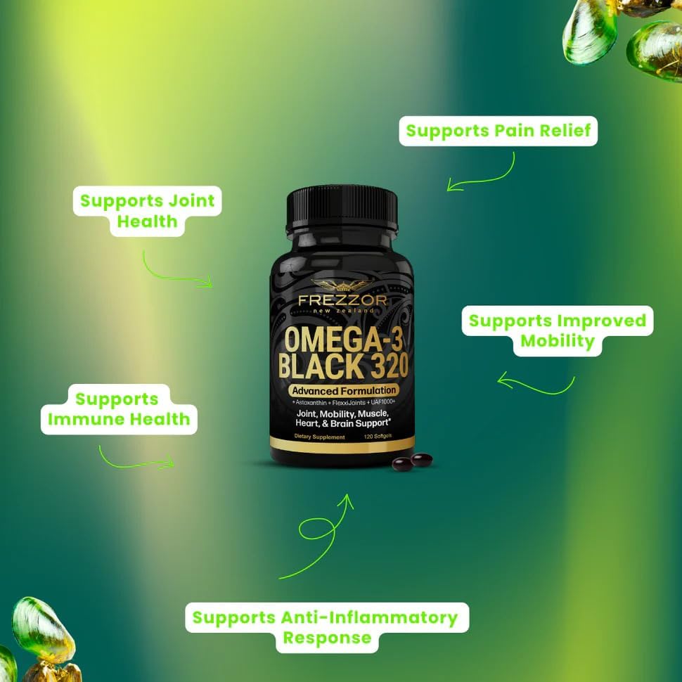 FREZZOR Omega 3 Black - Green Lipped Mussel Oil Capsules, Made in New Zealand, UAF1000+, Joint Care & Relief, Heart & Immune Support, No Fishy Aftertaste, 320 Count (Pack of 1) - Image 4
