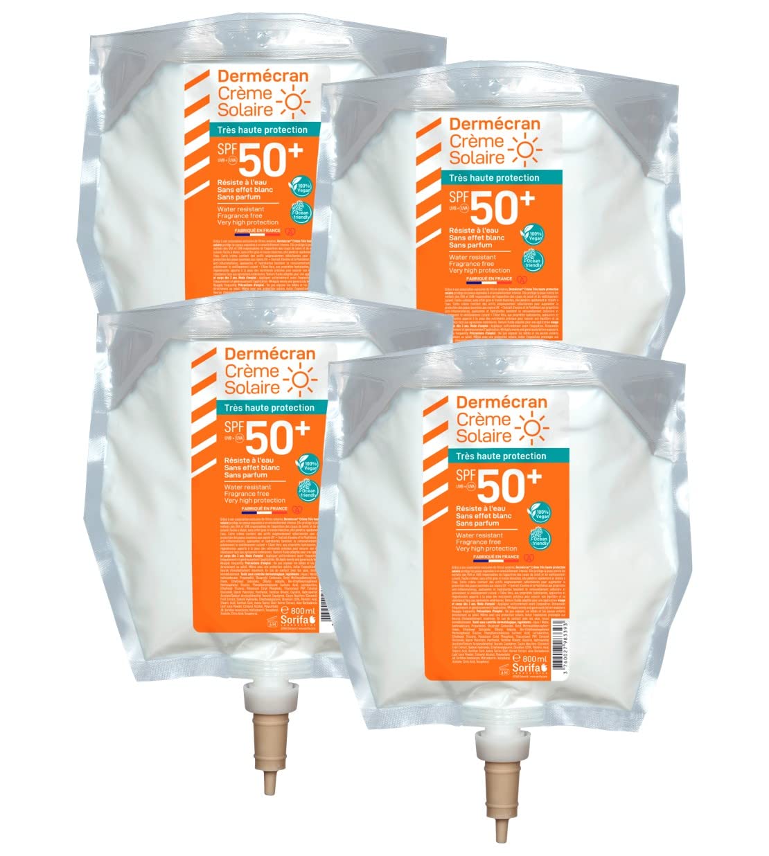 Lot de 4 - Dermécran - Crème solaire SPF50+ - Visage et corps - Formule Vegan & Ocean Friendly - Résiste à l'eau - Pour toute la famille dès 3 ans - Fabriquée en France - Poche 800 ml