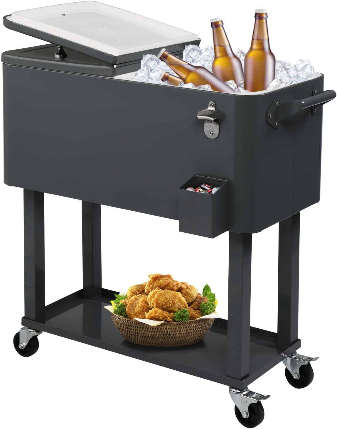 Rolling Patio Cooler Cart with Wheels and Storage Shelf, Insulated Outdoor Beverage Drink Rattan Design Cooler with Bottle Opener for Backyard, Pool, Tailgate Party