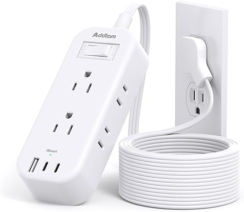 Regleta de alimentación de viaje con USB, cable de extensión de enchufe plano, 6 tomas, 3 puertos USB (2 USB-C), extensor de salida con cable de