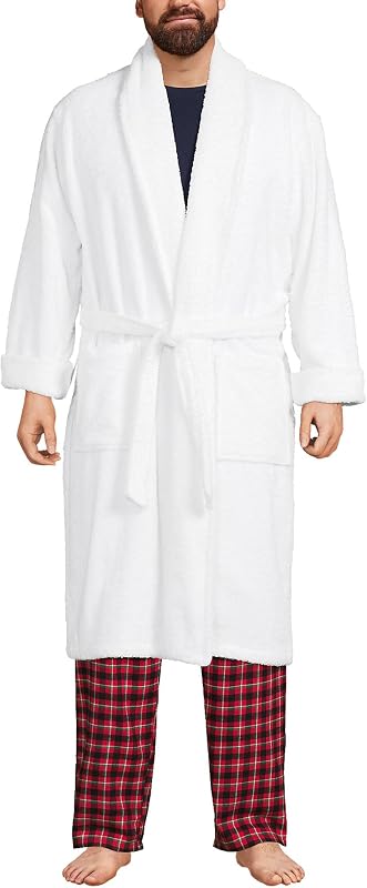 Bata de felpa hasta la pantorrilla para hombre Lands' End | Rizo de algodón turco, cuello chal, bolsillos de parche, cierre de cinturón, spa, después de la ducha, tallas grandes y altas