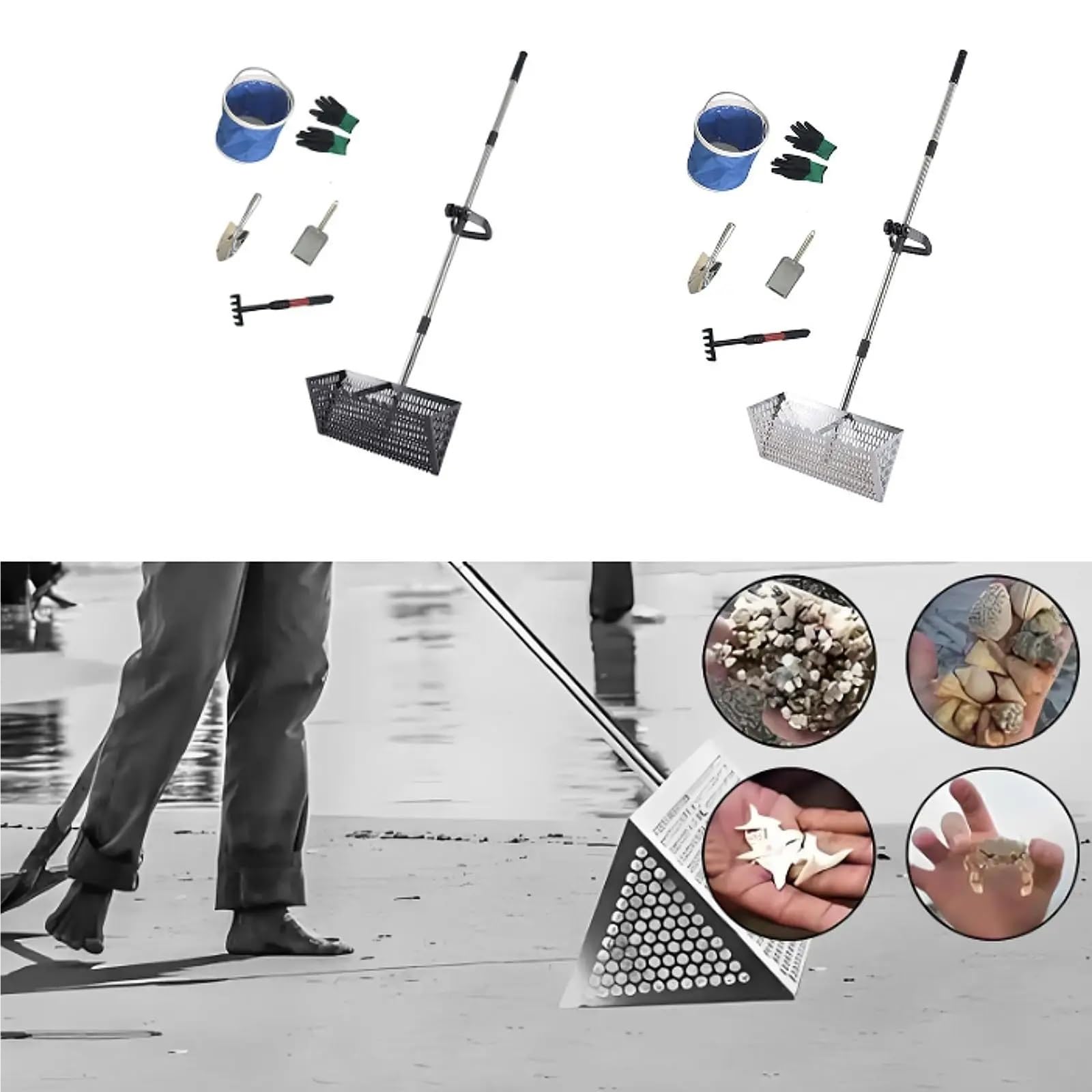 Rastrillo per pulci di sabbia Rastrello for sabbia, setaccio da spiaggia, manico telescopico, facile pulire, acciaio al carbonio, multifunzionale, comodo, grande, paletta for animali domestici(Black)