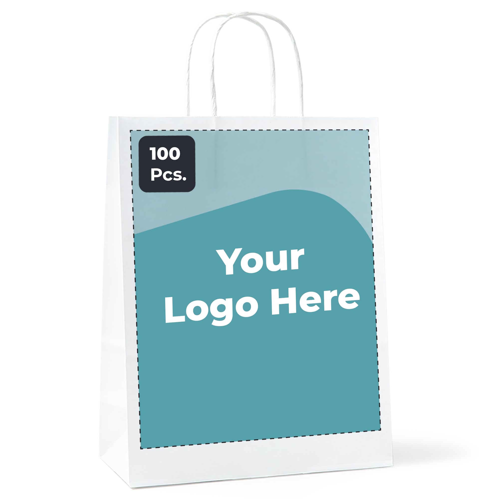 Cimpress Personalized White Paper Bags with Handles, Add Logo or Image, 22 × 30 cm, Large Design, Pack of 100, Kraft Gift Bags for Retail, Trade Shows, or Boutiques