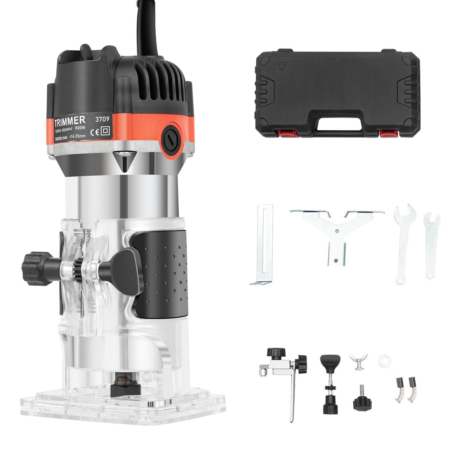 Rifilatore Fresatrice Verticale per Legno 800 W 30000 RPM，fresatrice professionale per la lavorazione del legno, con base trasparente e guida di montaggio