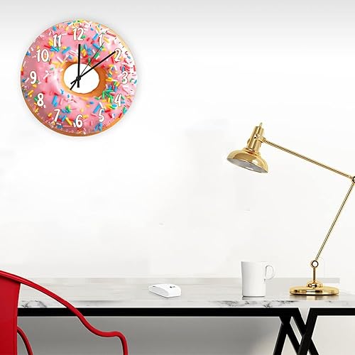 Miniatura 4 de Reloj de pared redondo de madera decorativo moderno, silencioso, sin tictac, funciona con pilas, divertido patrón de dona, reloj colgante retro,