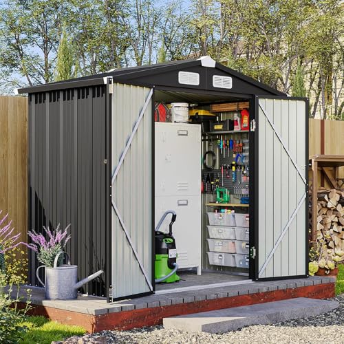 Aoxun Garden Sheds 6x4ft, Metal Shed Bike Tool Shed, Sheds and Outdoor Storage with Lockable Doors & Slooping for Backyard, Patio, Poolside,Black