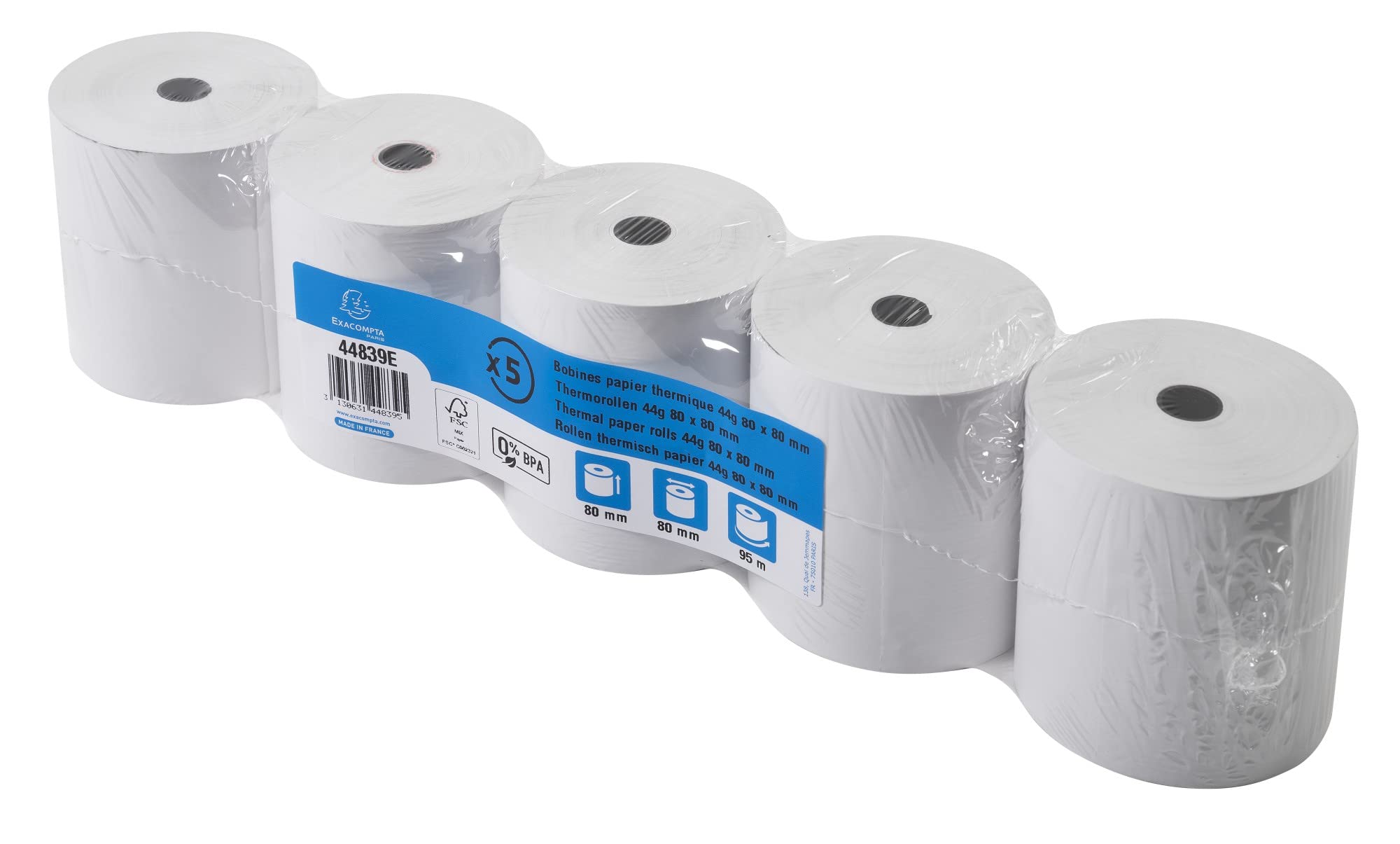 Exacompta 44839E 50er Pack Thermopapierrollen 1-lagig, Breite: 80mm, Länge 95m, Durchmesser Kern: 12mm 44g/m² Thermorolle für Kassen Kassenrolle