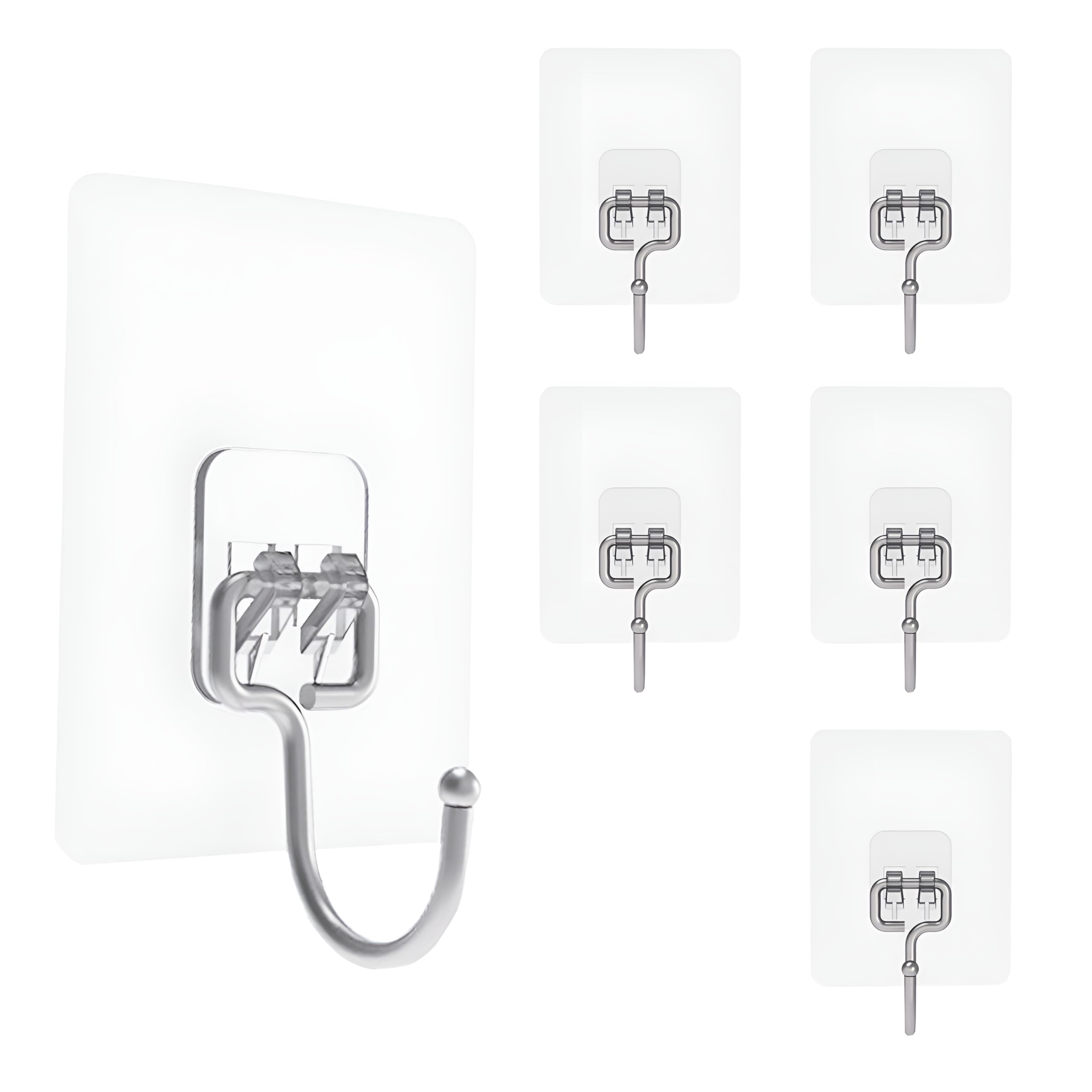 LOUXPERT 5PCS Large Adhesive Wall Hooks Heavy Duty - Hanging Up to 10Kg (22Lbs), Sticky Hooks No Damage, Self Adhesive 204 Stainless Steel Stick on Hooks (Clear)